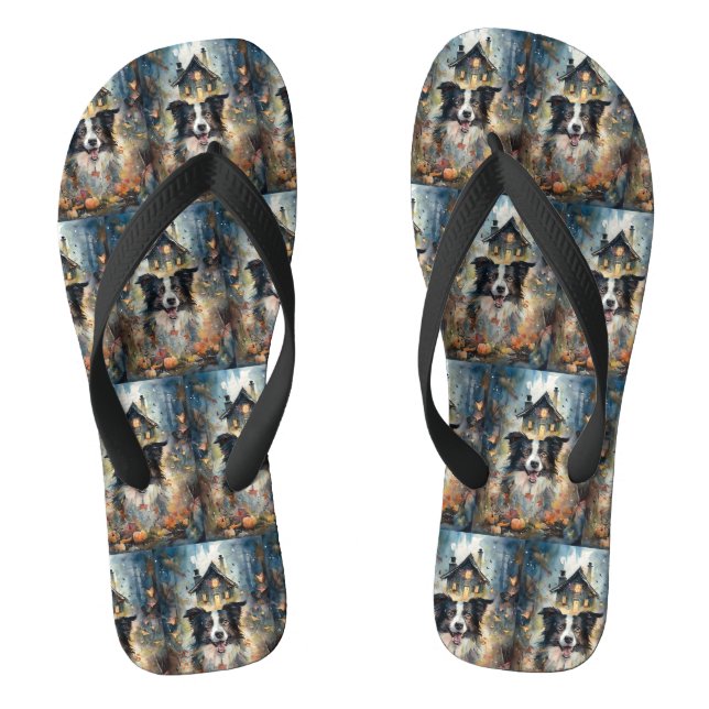 Halloween Border Collie mit Pumpkins Beängstigend Flip Flops (Fußbett)
