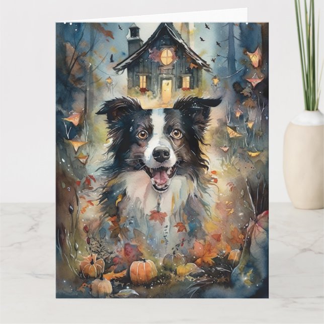 Halloween Border Collie mit Pumpkins Beängstigend Karte (Vorderseite)
