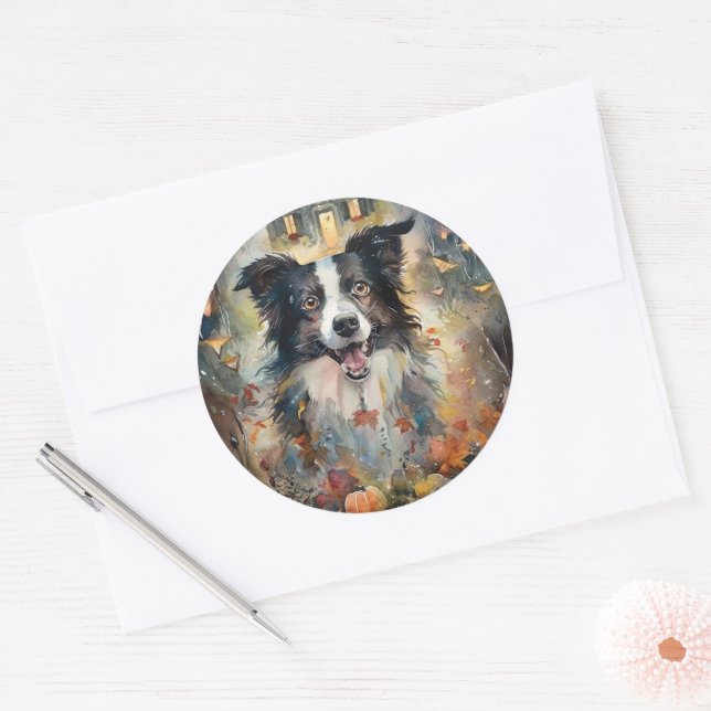 Halloween Border Collie mit Pumpkins Beängstigend Runder Aufkleber (Umschlag)