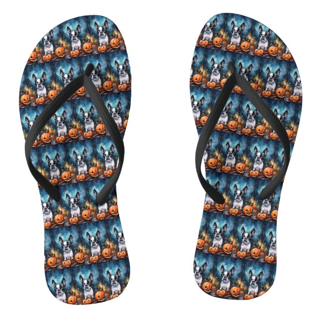 Halloween Boston Terrier mit Pumpkins Beängstigend Flip Flops (Fußbett)