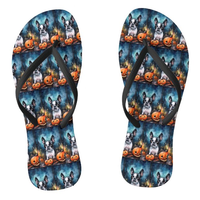 Halloween Boston Terrier mit Pumpkins Beängstigend Flip Flops (Fußbett)