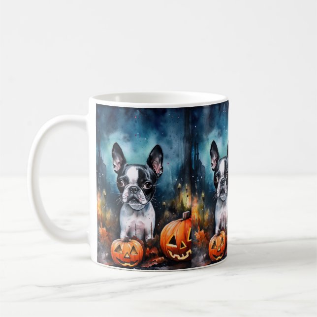 Halloween Boston Terrier mit Pumpkins Beängstigend Kaffeetasse (Links)