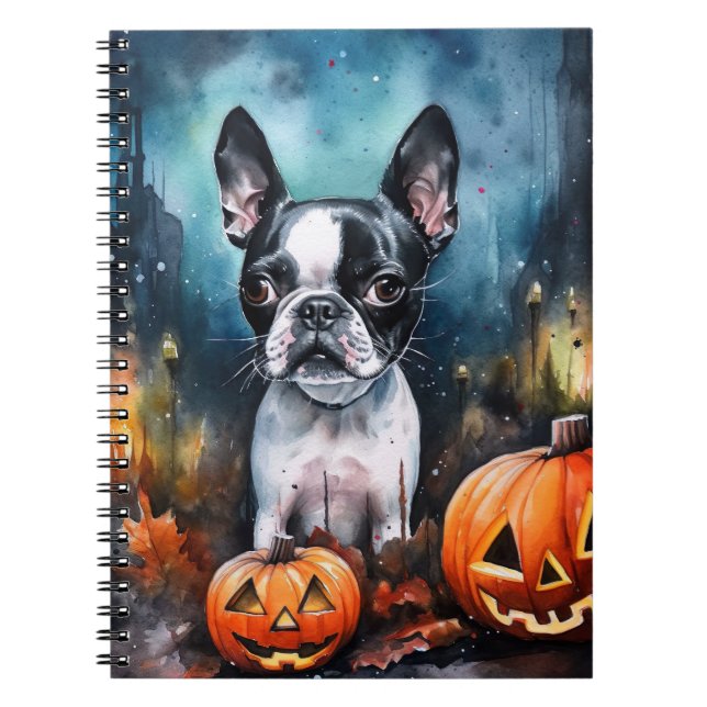 Halloween Boston Terrier mit Pumpkins Beängstigend Notizblock (Vorderseite)