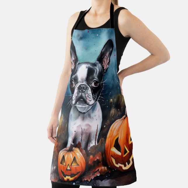 Halloween Boston Terrier mit Pumpkins Beängstigend Schürze (InSitu)