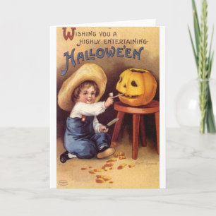 Halloween Boy Carving Pumpkin Entertainment Karte