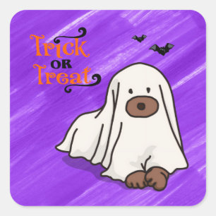 Halloween Brauch Whimsical Süßer Geist Hund Lila  Quadratischer Aufkleber