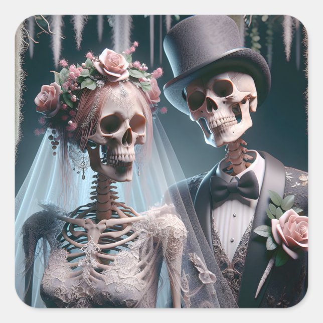 Halloween Bridge and Groom Quadratischer Aufkleber (Vorderseite)