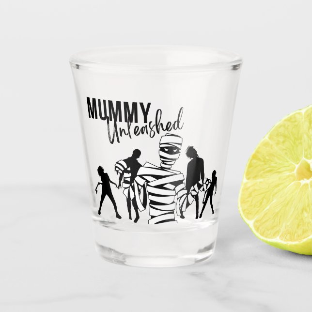 Halloween Briefmarke Collection "Mummy Unleashed" Schnapsglas (Vorderseite)