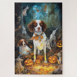 Halloween Brittany Spaniel mit Kürbissen Gruselig