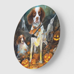 Halloween Brittany Spaniel mit Kürbissen Gruselig Große Wanduhr