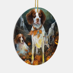 Halloween Brittany Spaniel mit Kürbissen Gruselig Keramik Ornament