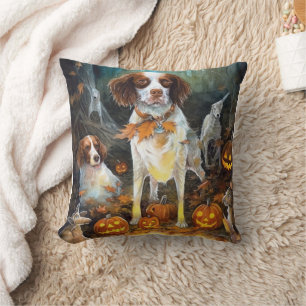 Halloween Brittany Spaniel mit Kürbissen Gruselig Kissen