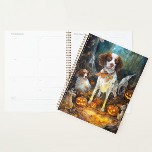 Halloween Brittany Spaniel mit Kürbissen Gruselig Planer