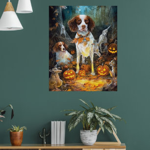 Halloween Brittany Spaniel mit Kürbissen Gruselig Poster