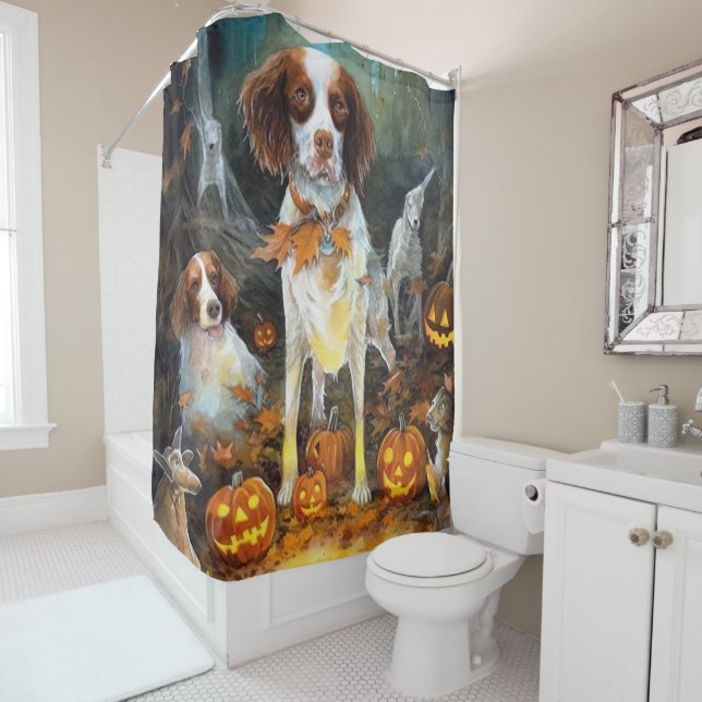 Halloween Brittany Spaniel mit Pumpkins Beängstige Duschvorhang (Beispiel)