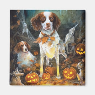 Halloween Brittany Spaniel mit Pumpkins Beängstige Magnet