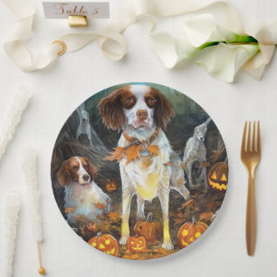 Halloween Brittany Spaniel mit Pumpkins Beängstige Pappteller