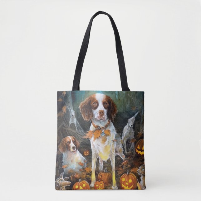 Halloween Brittany Spaniel mit Pumpkins Beängstige Tasche (Vorderseite)