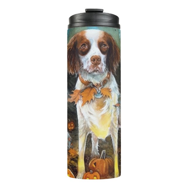 Halloween Brittany Spaniel mit Pumpkins Beängstige Thermosbecher (Vorderseite)