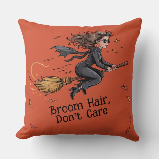 Halloween "Broom Hair, Don't Care" Throw Pillow Kissen (Vorderseite)
