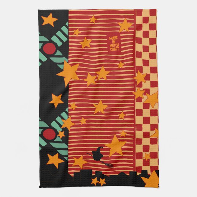 Halloween Broom Ride Over Starry City Tea Towel Geschirrtuch (Vertikal)