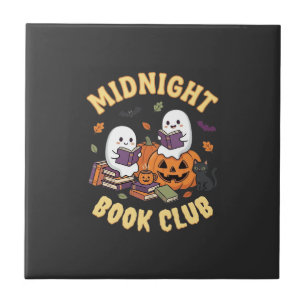 Halloween-Buchclub-Geist liest Kürbis-Design_1 Fliese