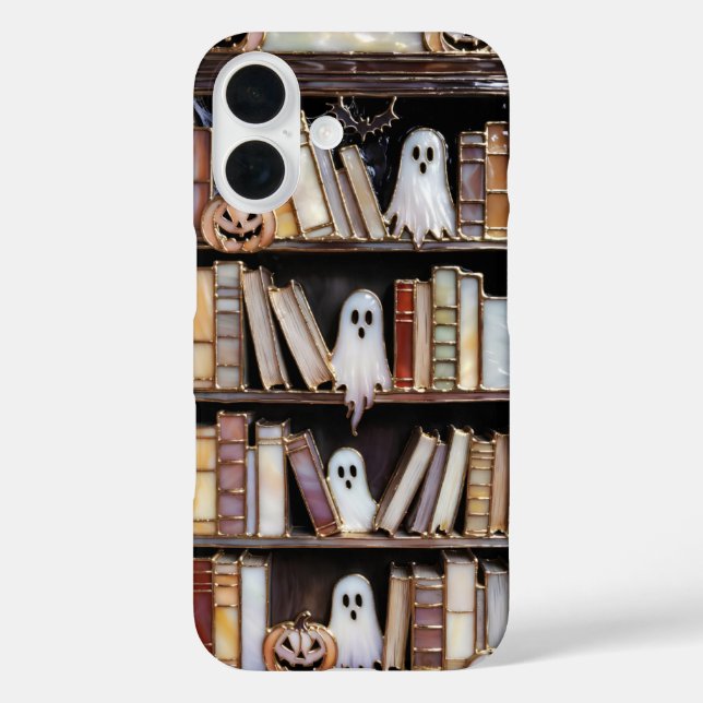 Halloween Bücherregal Handyhülle Geist Kürbis iPhone 16 Hülle (Rückseite)