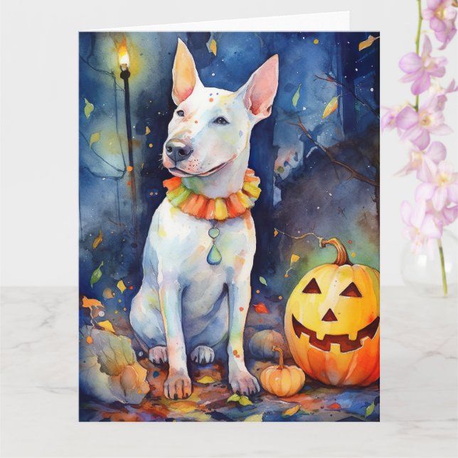 Halloween Bull Terrier mit Pumpkins Beängstigend Karte (Orchidee)