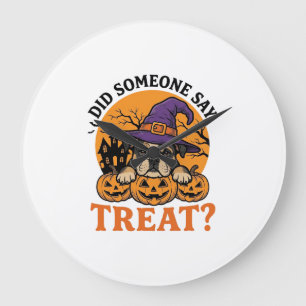 Halloween Bulldog Hexe Hund Leckerli Vintage-Shirt Große Wanduhr
