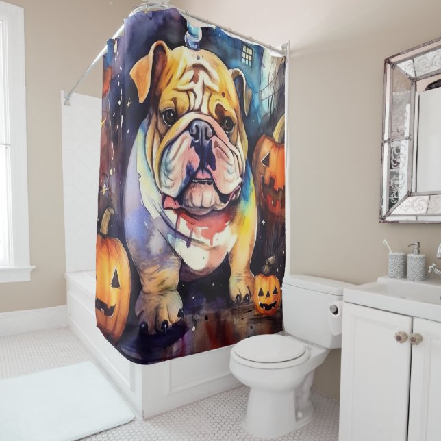 Halloween Bulldog mit Pumpkins Beängstigend Duschvorhang (Beispiel)