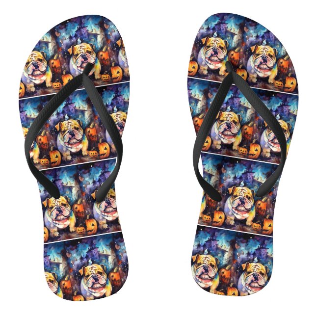 Halloween Bulldog mit Pumpkins Beängstigend Flip Flops (Fußbett)