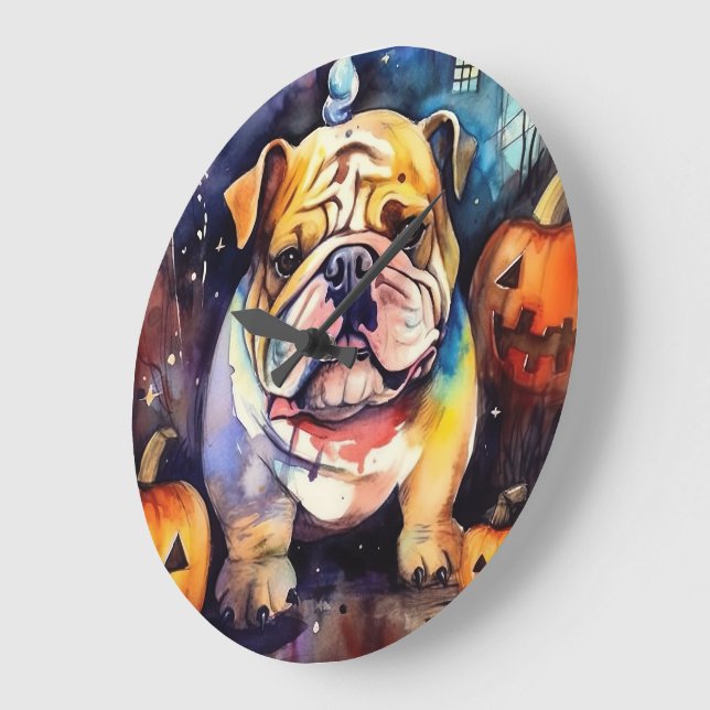 Halloween Bulldog mit Pumpkins Beängstigend Große Wanduhr (Winkel)