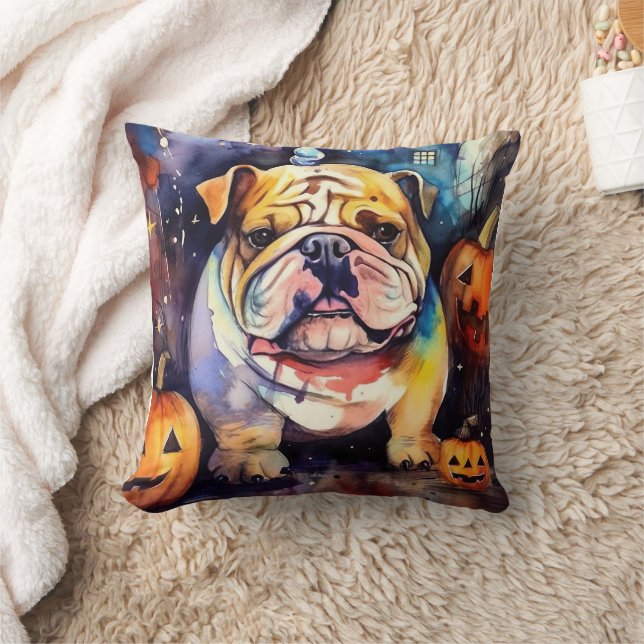 Halloween Bulldog mit Pumpkins Beängstigend Kissen (Decke)