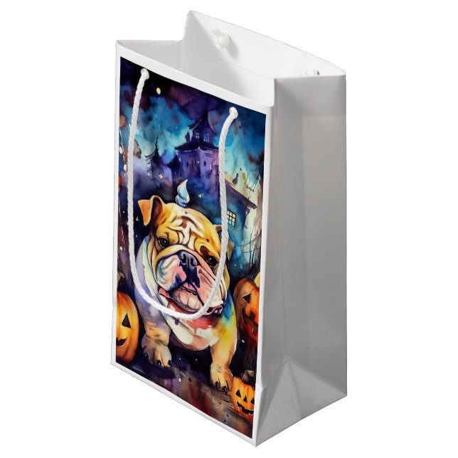 Halloween Bulldog mit Pumpkins Beängstigend Kleine Geschenktüte (Vorderseite Schrägansicht)