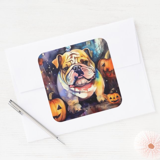 Halloween Bulldog mit Pumpkins Beängstigend Quadratischer Aufkleber (Umschlag)