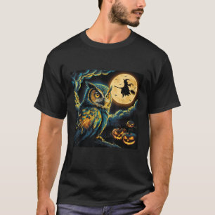 Halloween Bunte Eule Van Gogh Sternennacht Hexe T-Shirt