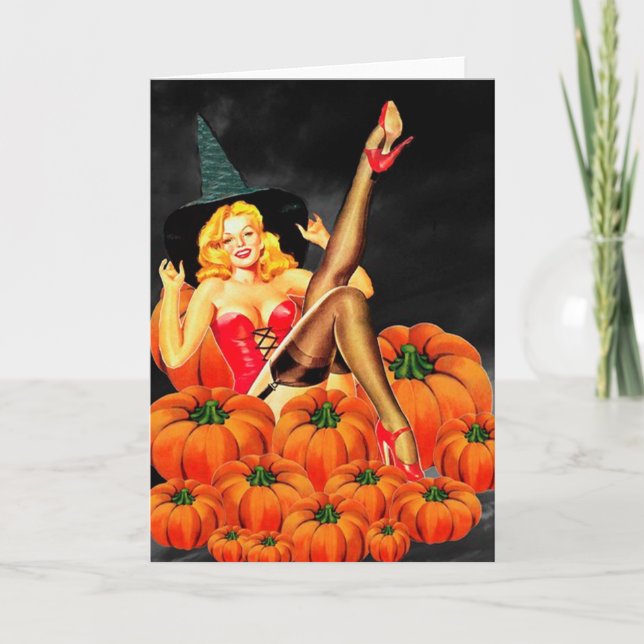 Halloween Button-Up Girl on Pumpkins Karte (Vorderseite)