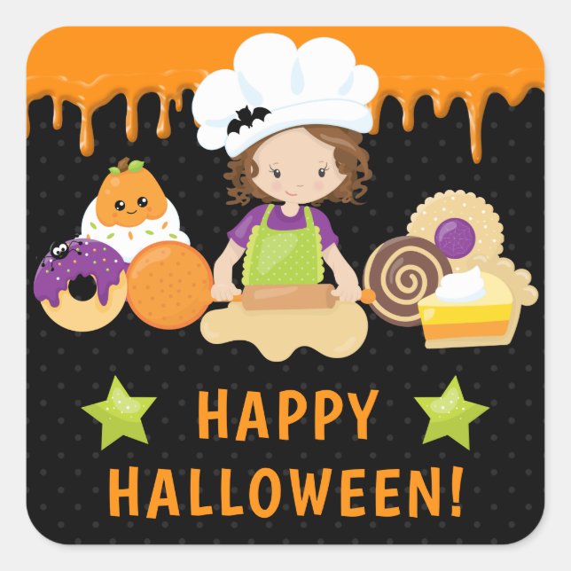 Halloween Cakes und Baking Brünett Girl Quadratischer Aufkleber (Vorderseite)