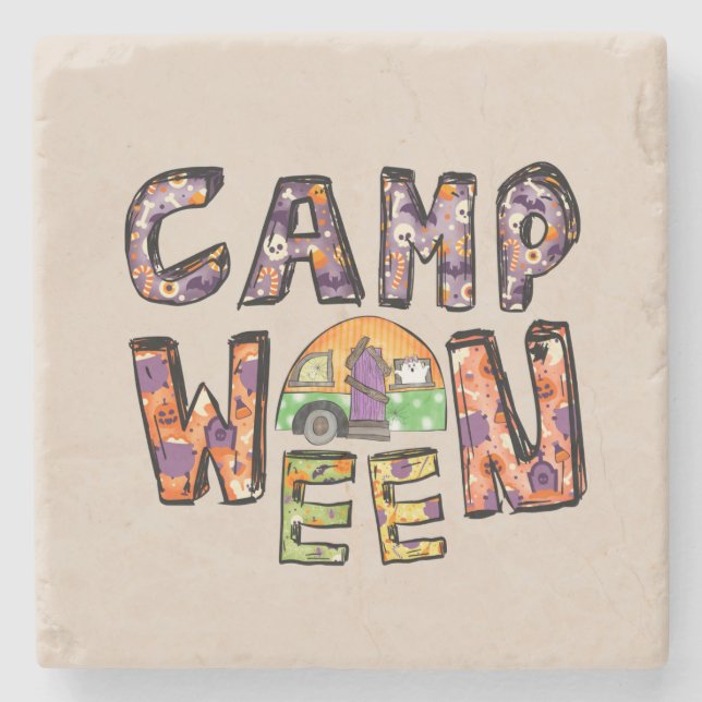 Halloween-Camping | Wortpuffer Steinuntersetzer (Vorderseite)
