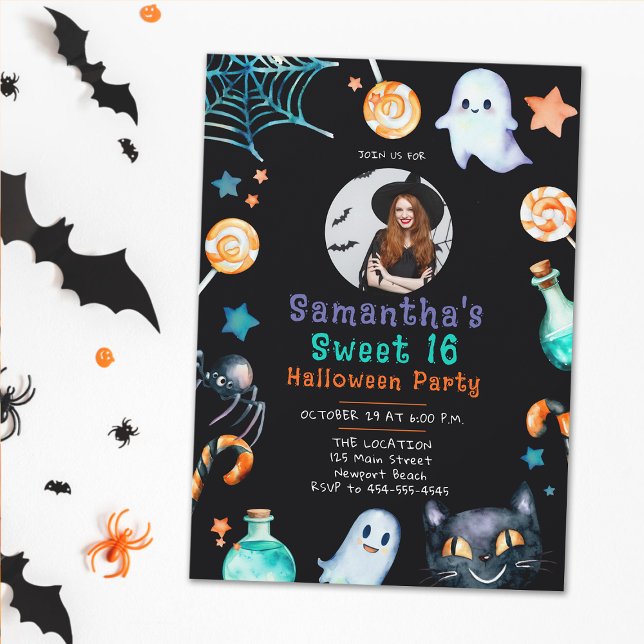 Halloween Candy Frame Ghost Schwarz Sweet 16 Foto Einladung (sweet 16 halloween photo invite for girls black orange candy ghosts fun elegant cute sweet girly )