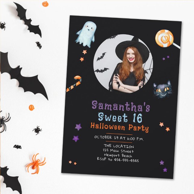 Halloween Candy Ghost Black Cat Sweet 16 Foto Einladung (sweet 16 halloween photo invitation for girls ghost black cat candy purple orange cute fun witch)