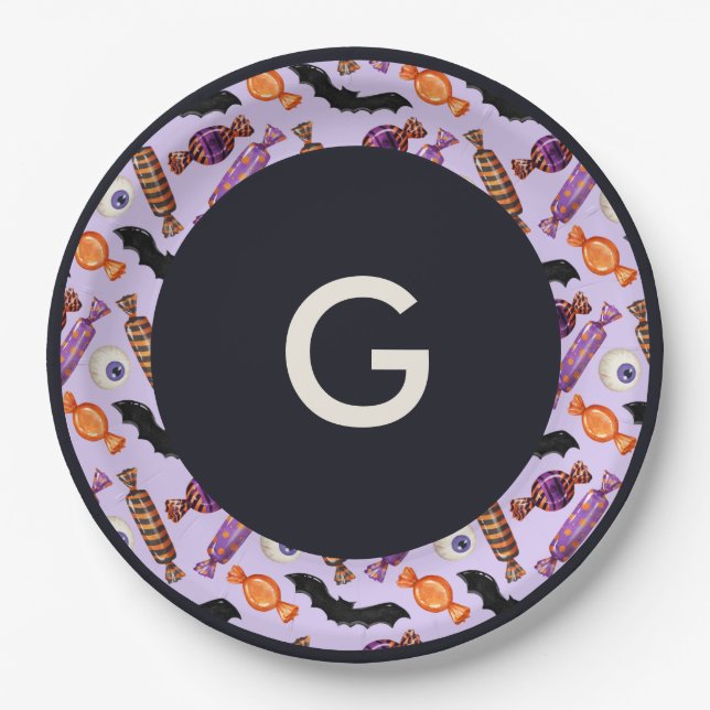 Halloween Candy Leckereien Lila Monogram Pappteller (Vorderseite)