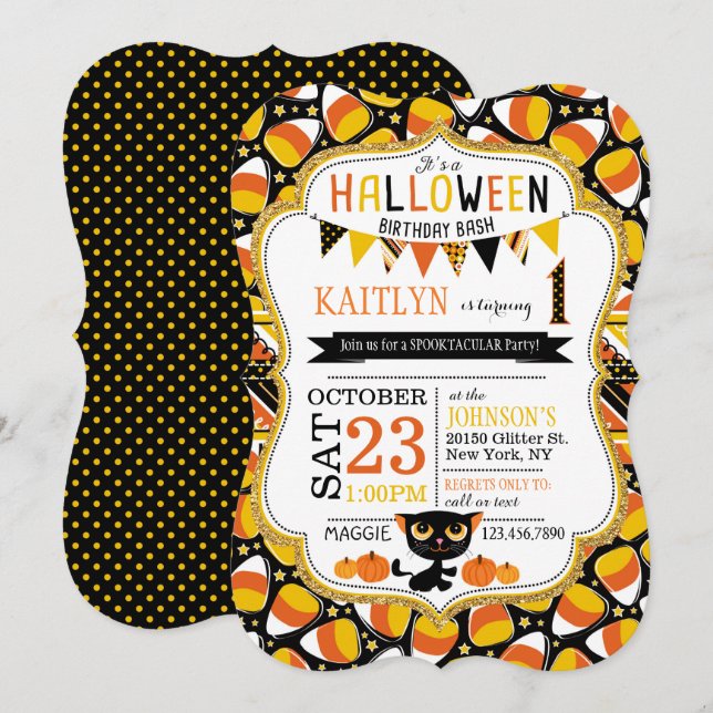 Halloween-Candy-Mais-Katzenkürbis Geburtstag Einladung (Vorne/Hinten)