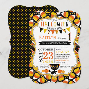 Halloween-Candy-Mais-Katzenkürbis Geburtstag Einladung