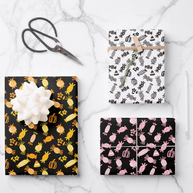Halloween Candy Trio Gift Wrap Geschenkpapier Set (Vorderseite)
