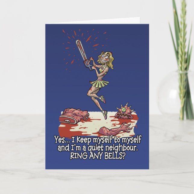 Halloween card Humour fun chainsaw woman Karte (Vorderseite)