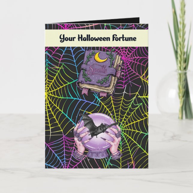 Halloween Card mit farbenfrohen Webs & Fortune Dankeskarte (Vorderseite)