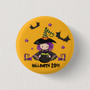 Halloween Cartoon Hexenkatze Cauldron Grüner Ton Button