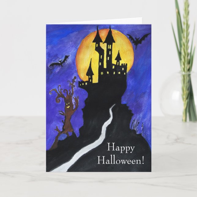 Halloween Castle Bats Tree Zeichnend Grußkarte Karte (Vorderseite)