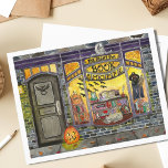 Halloween Cat and Book Shop Postkarte<br><div class="desc">Dieses süße Halloween-Buchhändlergemälde entstand als Oktober-Seite einer Reihe von Aquarellböden. Das Night Owl Book Shoppe ist für Geschäftsreisende geöffnet und bietet ein niedliches Schaufenster voller witziger Dekoration, Jagdbücher, Fledermausdekorationen, geschnitzte Kürbisse, Zauberbücher und eine schläfrige graue Katze. Eine Kürbislaterne befindet sich vor der Haustür, um Sie zum Abendessen beim Lesen zu...</div>